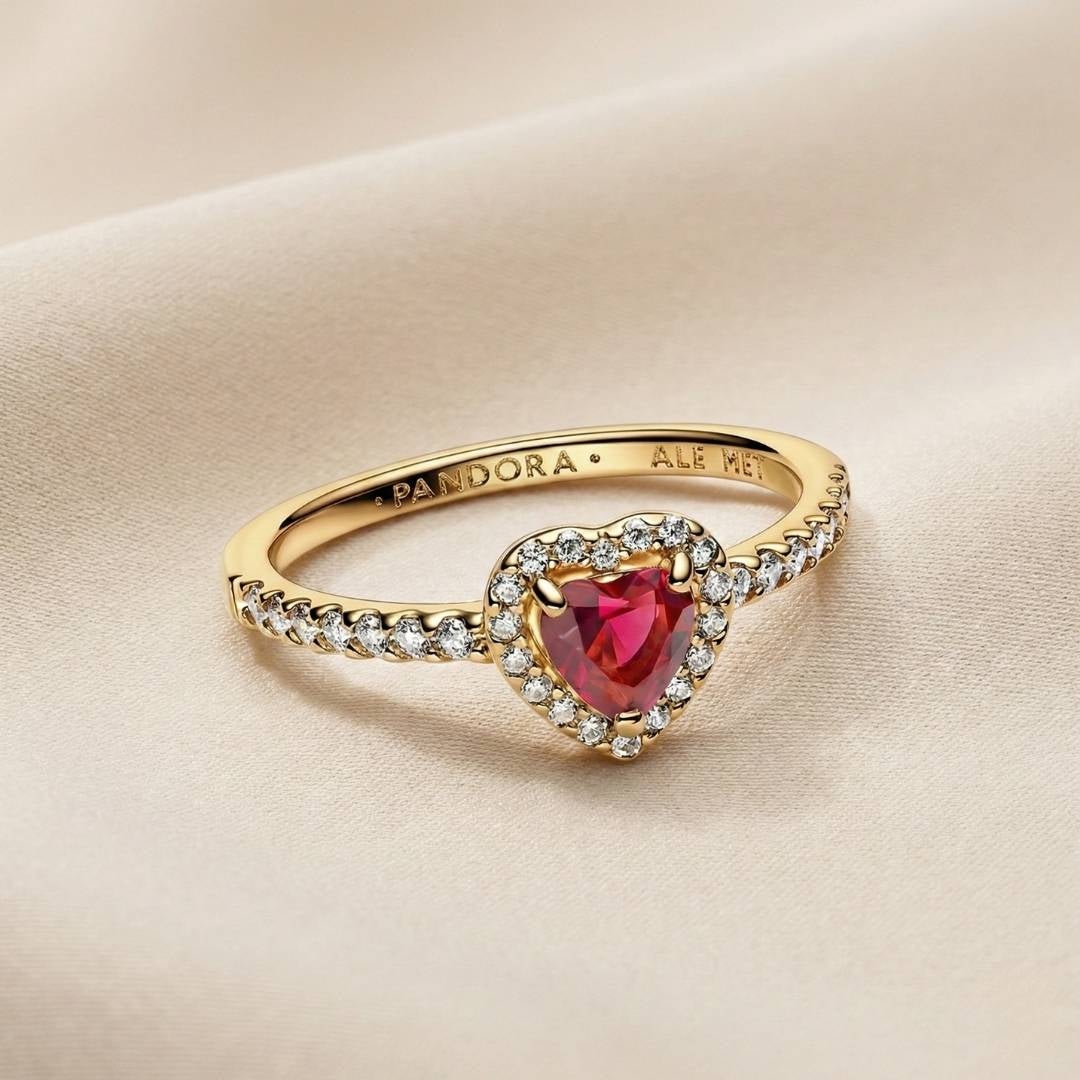 Pandora Timeless Prsten Crveno Srce s Pavé Sjajem (Posebna Pandora legura metala s 14k pozlatom)