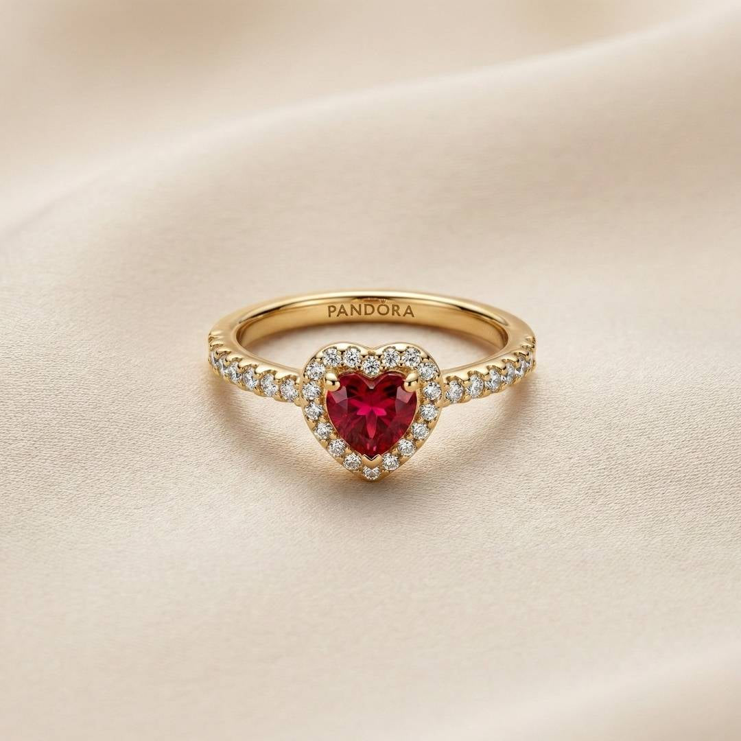Pandora Timeless Prsten Crveno Srce s Pavé Sjajem (Posebna Pandora legura metala s 14k pozlatom)