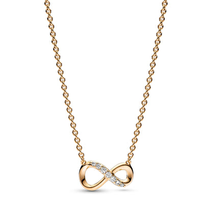 Pandora Ogrlica Sparkling Infinity Collier – Simbol Beskonačnosti (Posebna Pandora legura metala s 14k pozlatom)